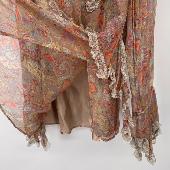 Alain Weiz Womens Floral Silk Blouse lined Lace Trim Ruffle size 20w beige - Picture 6 of 14